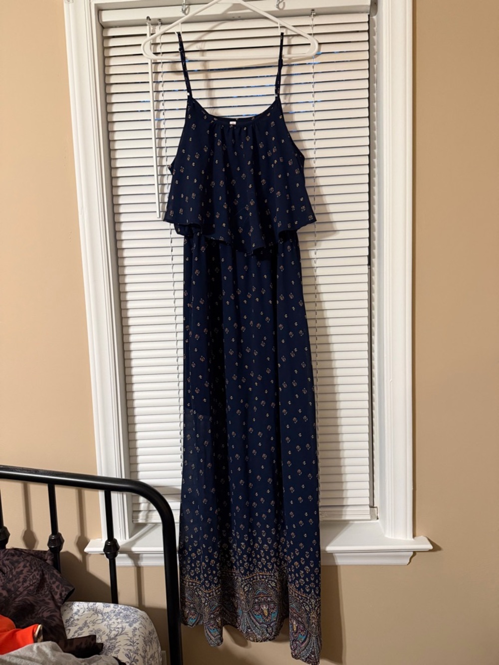 Navy Printed Maxi Dress with Ruffle Bodice